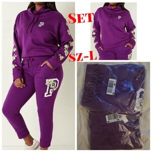 PINK VS Cowl Neck Pullover and  Jogger Outfit Sz-L Violet Floral
